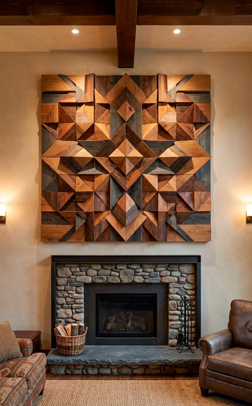 A large 3D reclaimed wood wall sculpture mounted above a fireplace in a rustic modern room.