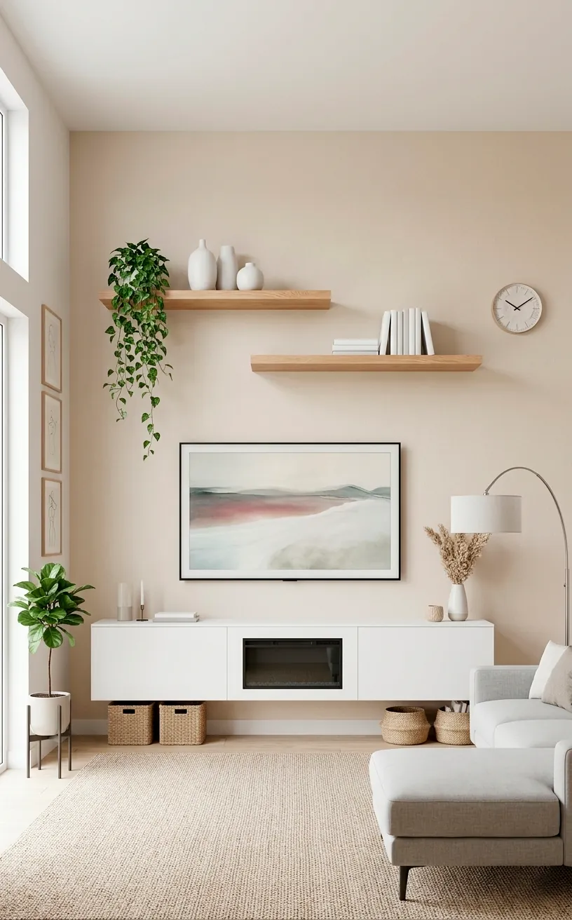 Contemporary living room with a white floating console and staggered wood shelves around the TV.