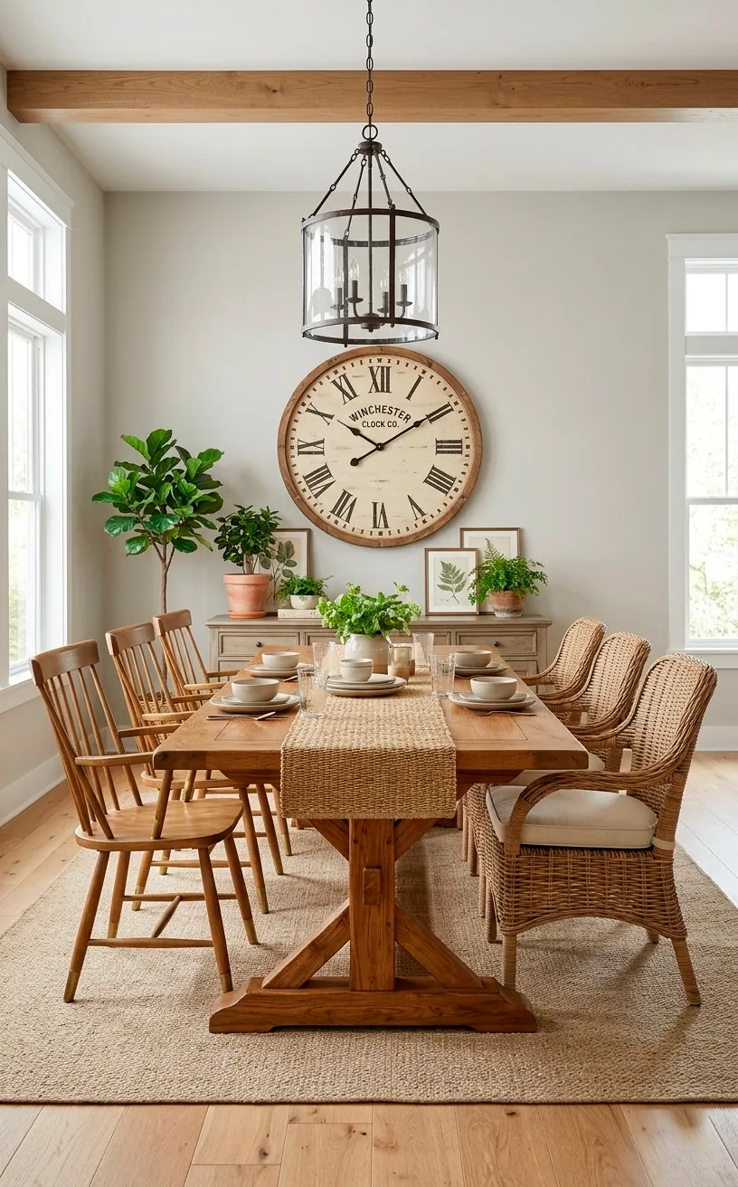 A spacious farmhouse dining room with Agreeable Gray walls and a trestle table.