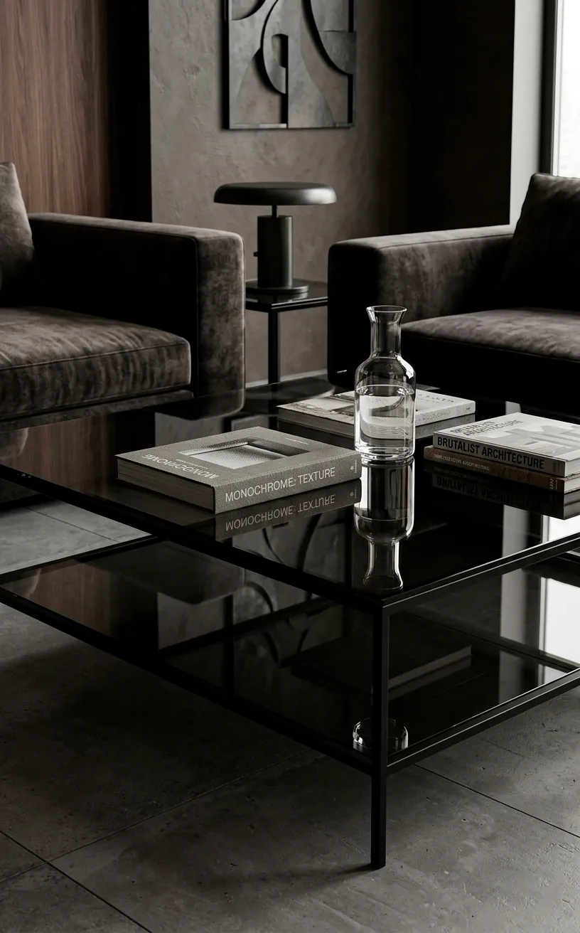 Smoked glass coffee table with black metal frame in a moody modern living room.
