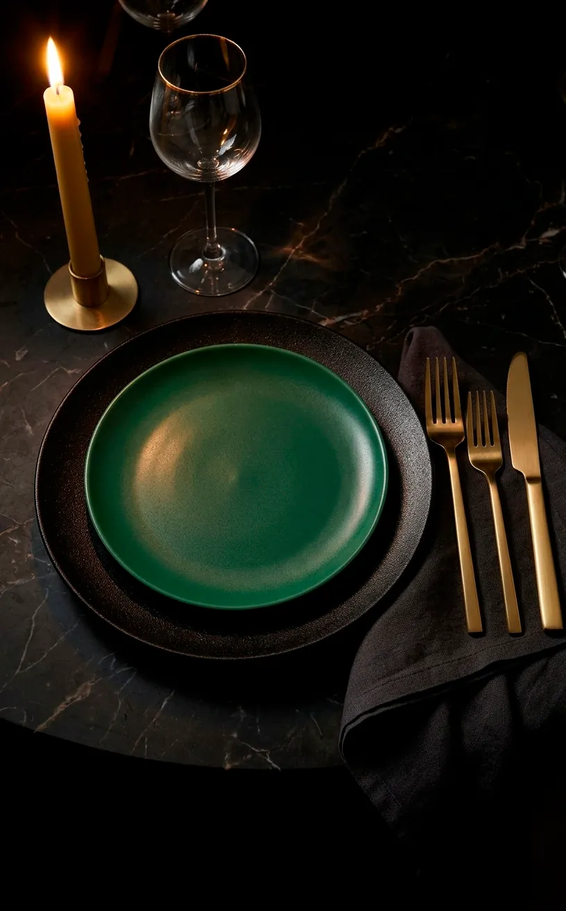 Matte black and emerald green plates with gold cutlery.