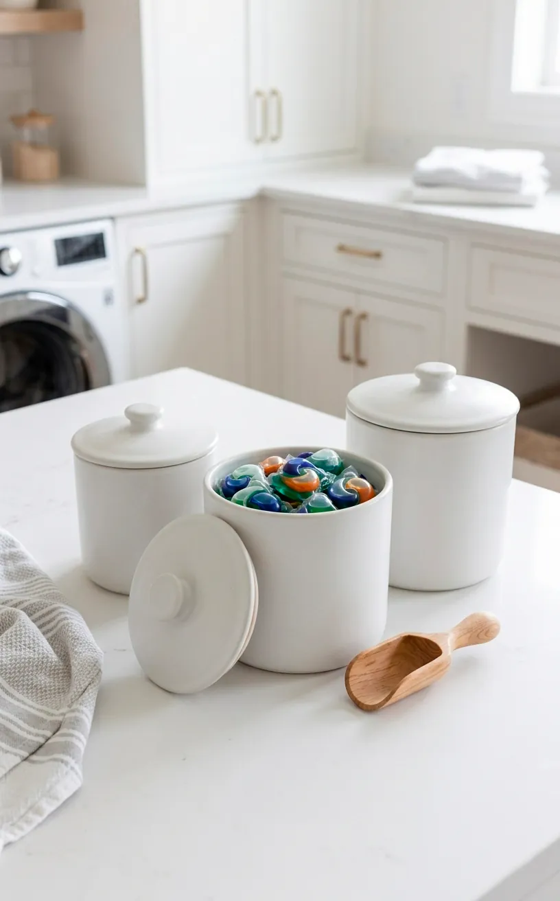 Elegant white ceramic storage jars for laundry pods on a clean countertop.