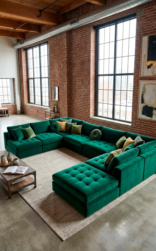 A large emerald velvet modular pit sofa in a modern industrial loft setting.