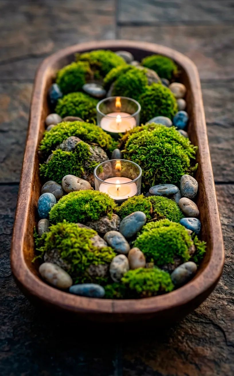 Moss-covered rocks and river stones in a wooden bowl as a table centerpiece.