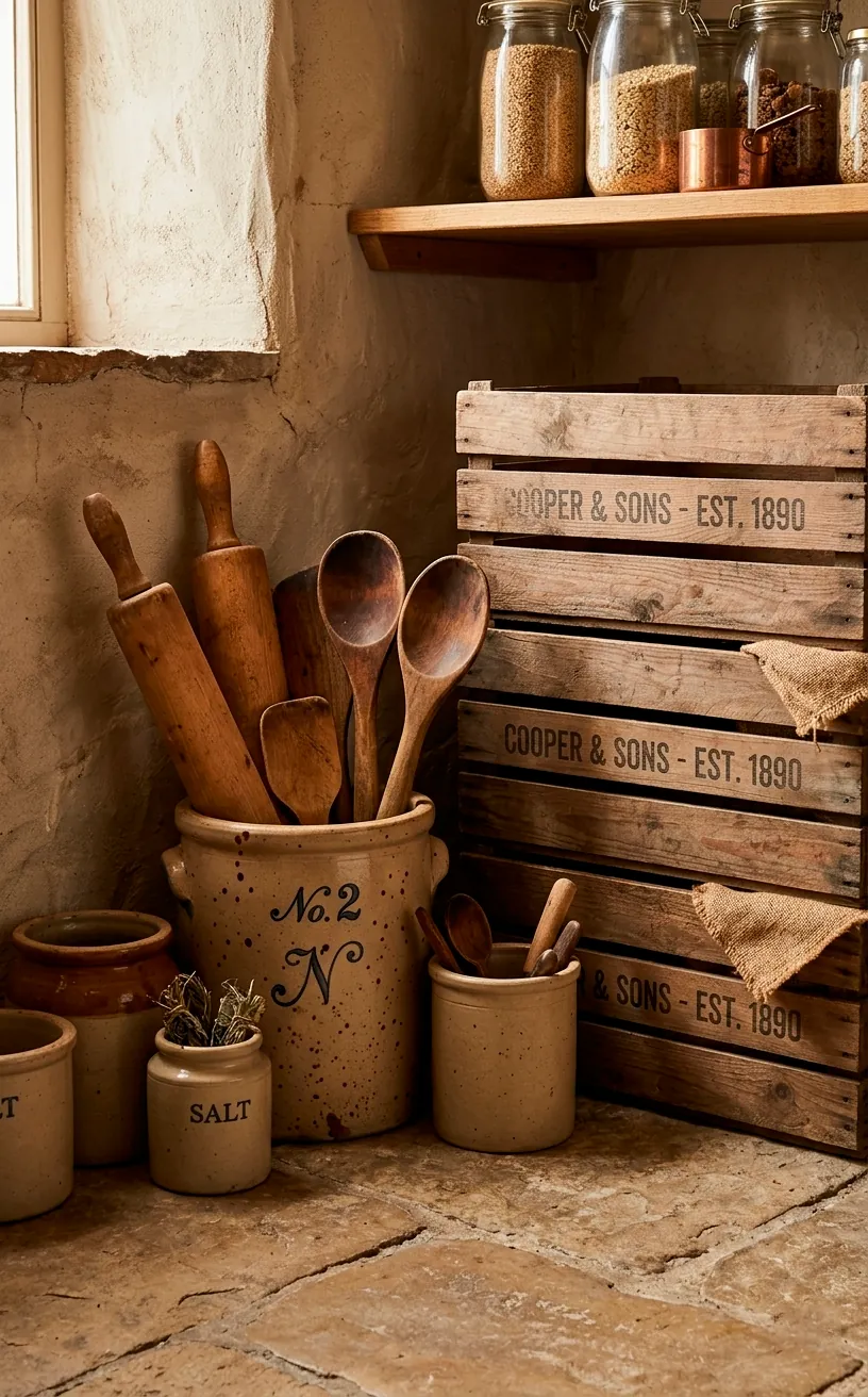 Antique stoneware crocks used for kitchen tool storage in a rustic pantry corner.