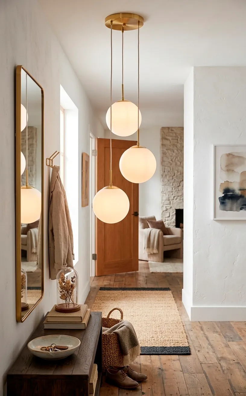 Three staggered frosted globe lights hanging as a cluster in a modern foyer.