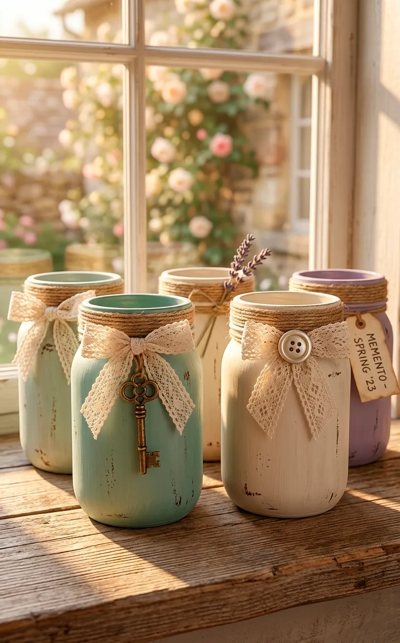 Vintage jars with twine and lace accents decorated with antique charms.