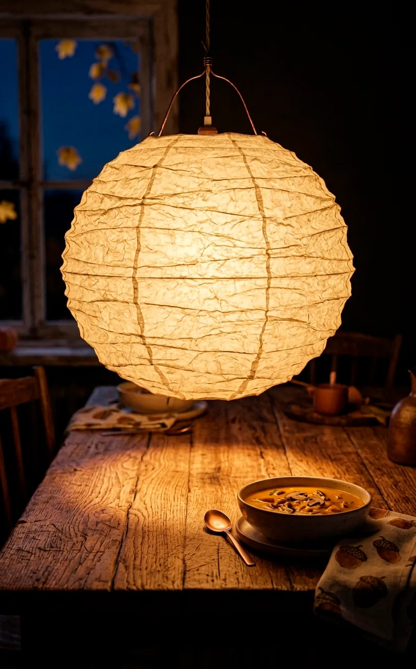 Large glowing washi paper pendant light hanging over a Japandi dining table.