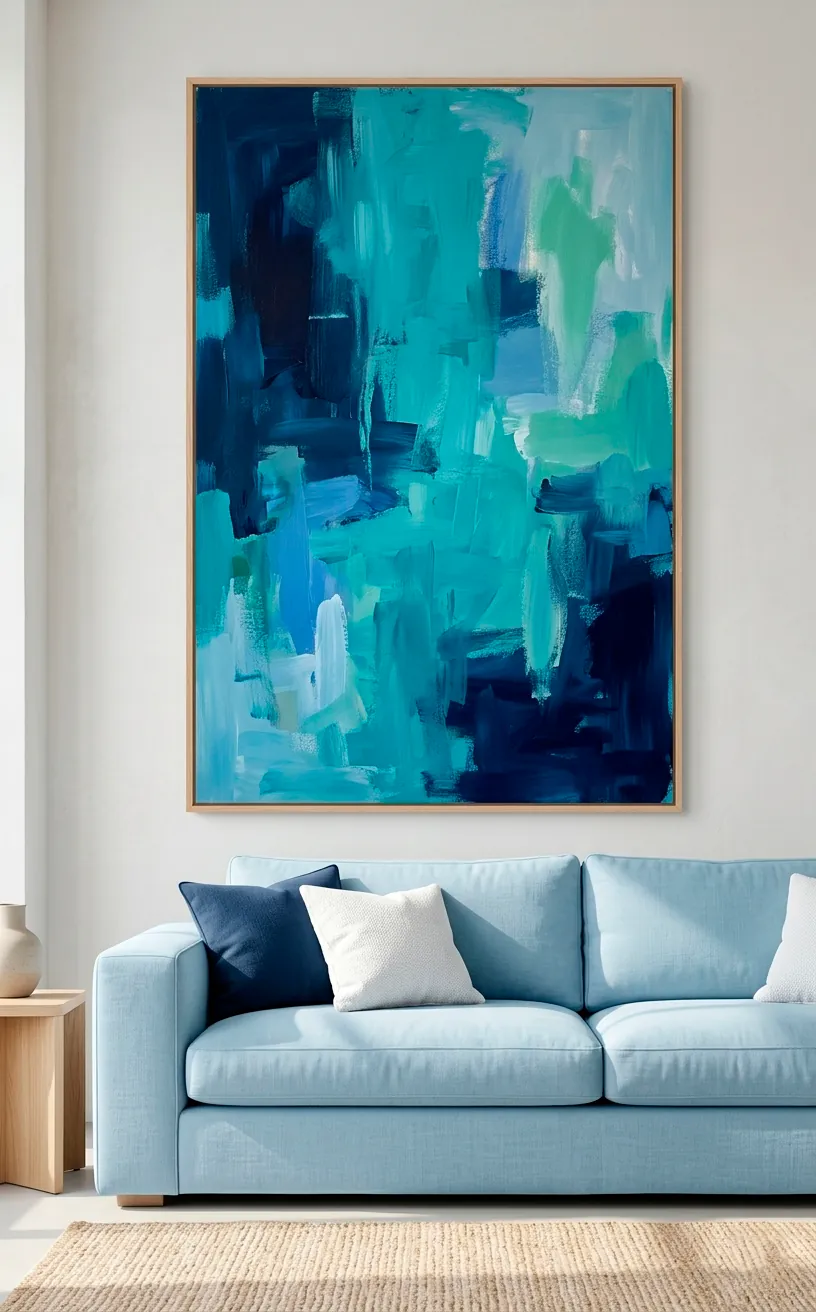Large abstract blue painting above a sofa in a coastal room.