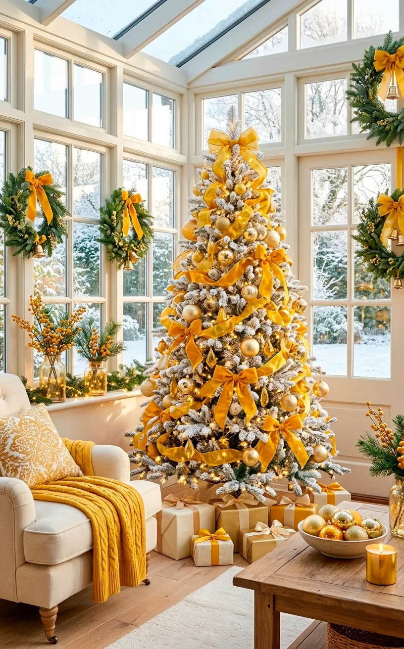 Bright sunroom with holiday decor featuring citrine yellow ribbons and gold ornaments on a white tree.