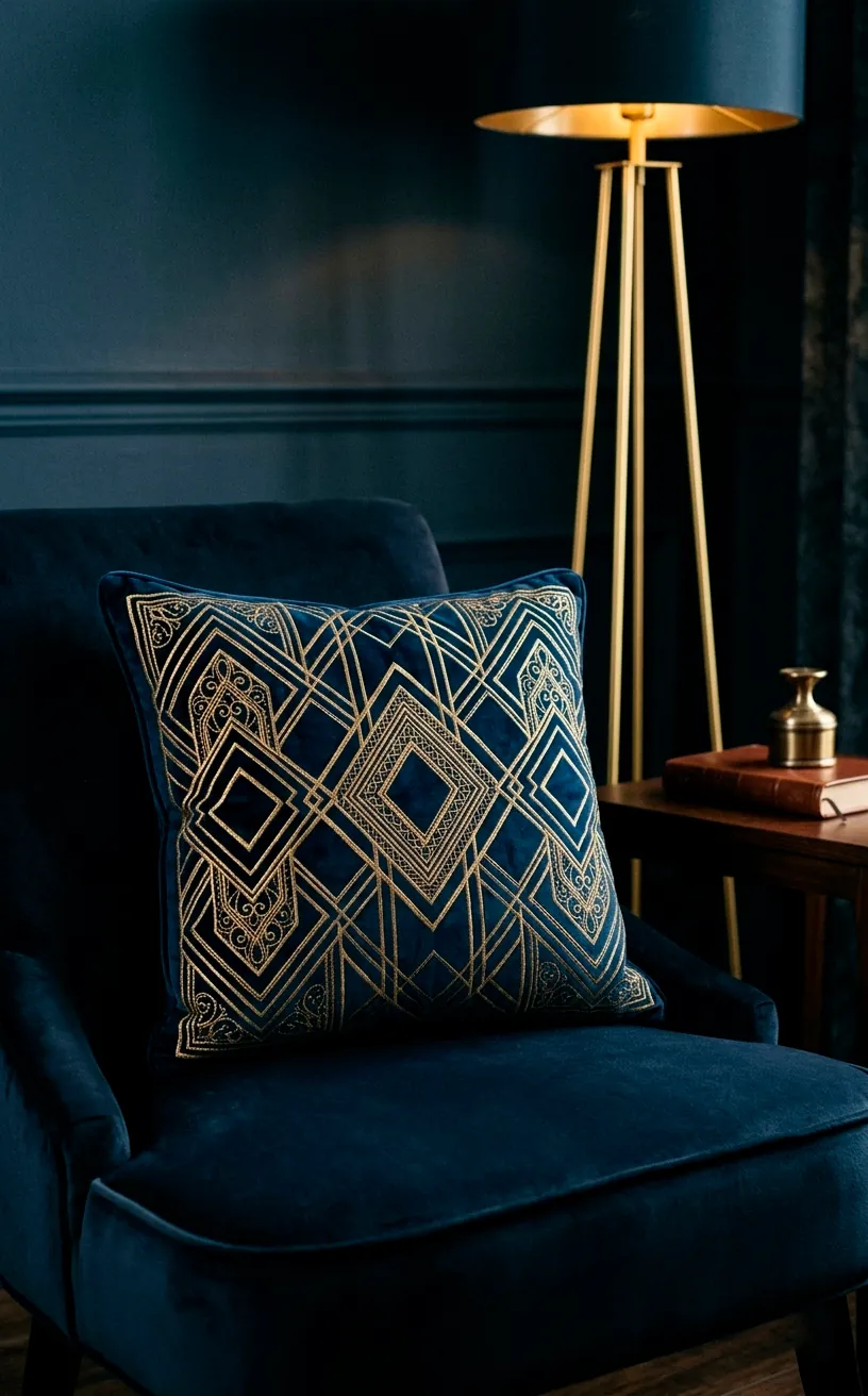 Embroidered navy blue velvet pillow with gold patterns on a matching velvet chair.