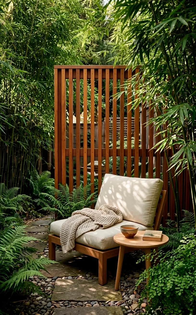 Private backyard reading nook with a wooden screen and comfortable lounge chair.