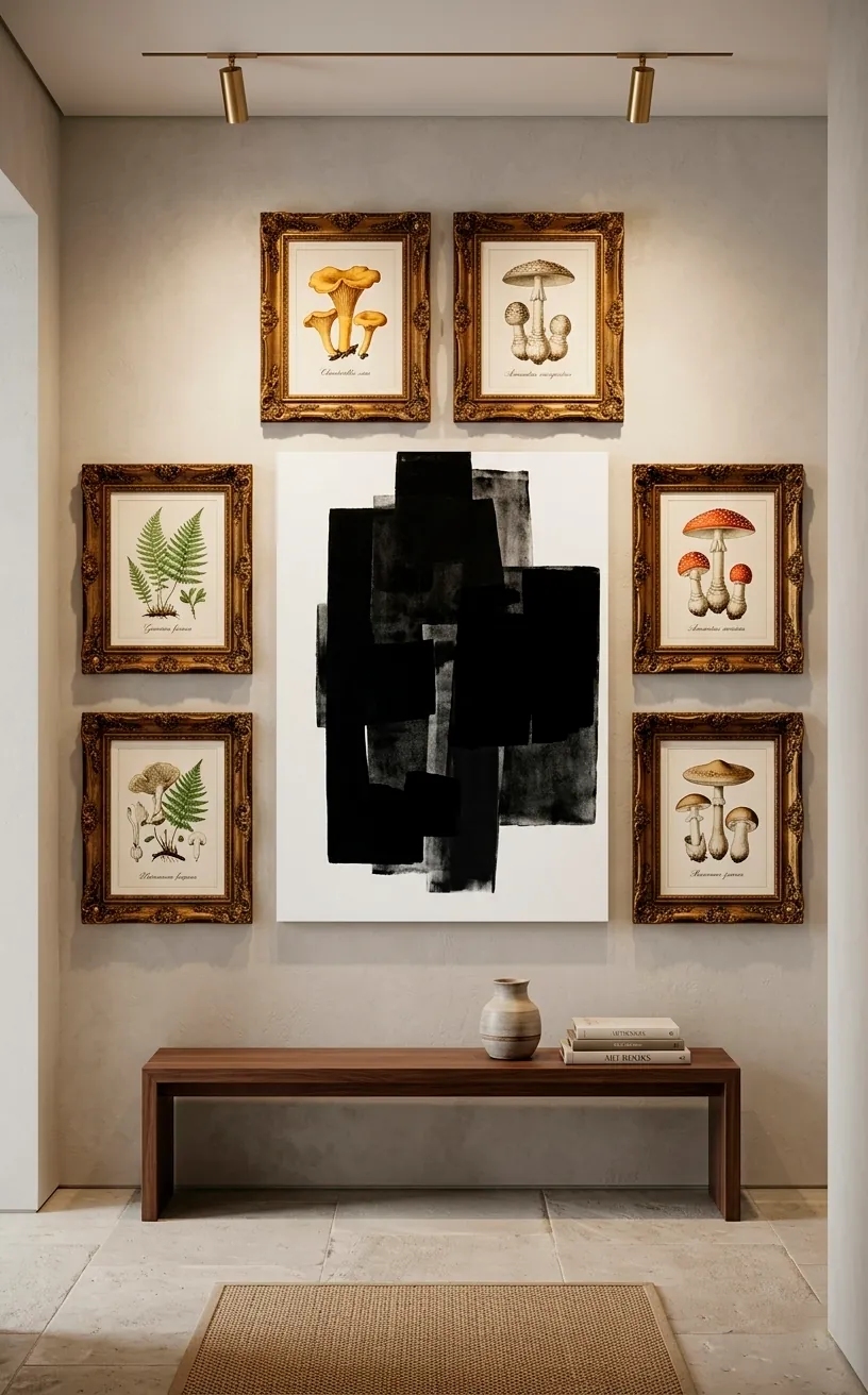 Modern gallery wall with abstract art and Victorian botanical prints.