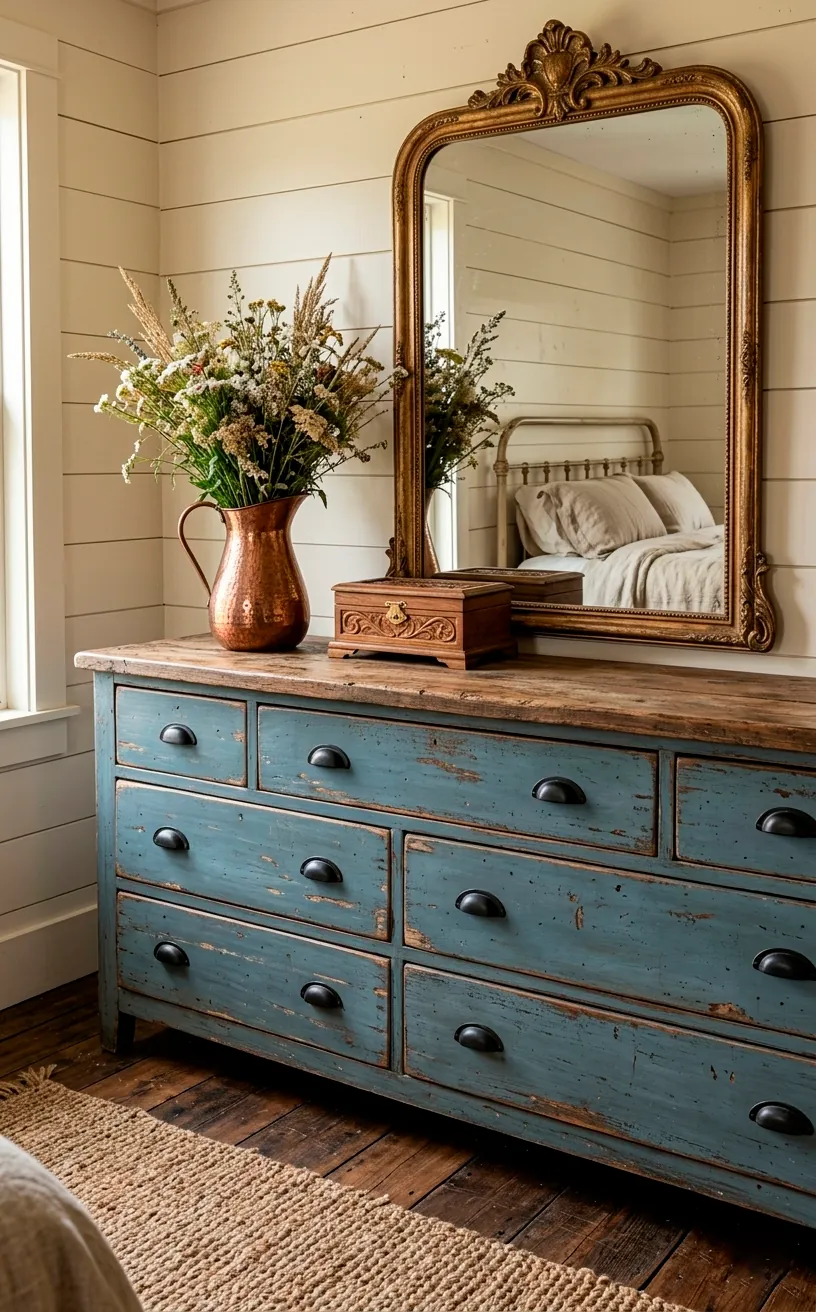 Distressed farmhouse dusty blue dresser with black iron cup pulls.