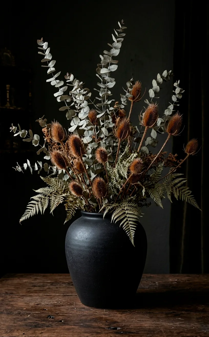 Dark stoneware vase with dried eucalyptus and thistles in a moody interior setting.