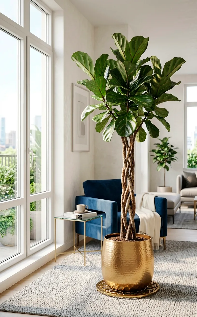 A Fiddle Leaf Fig with a braided trunk in a metallic gold pot in a modern living space.