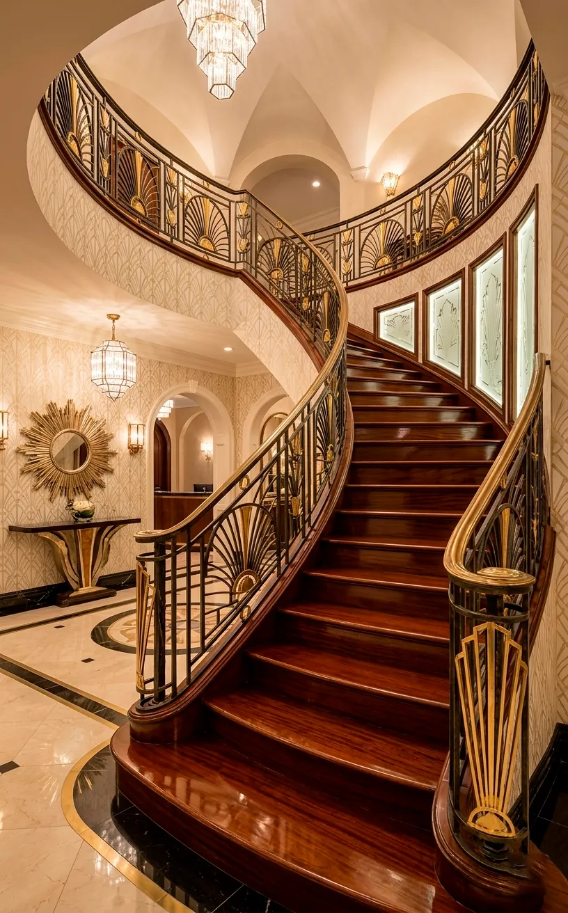 Art Deco iron staircase railing with gold accents and polished mahogany wood.