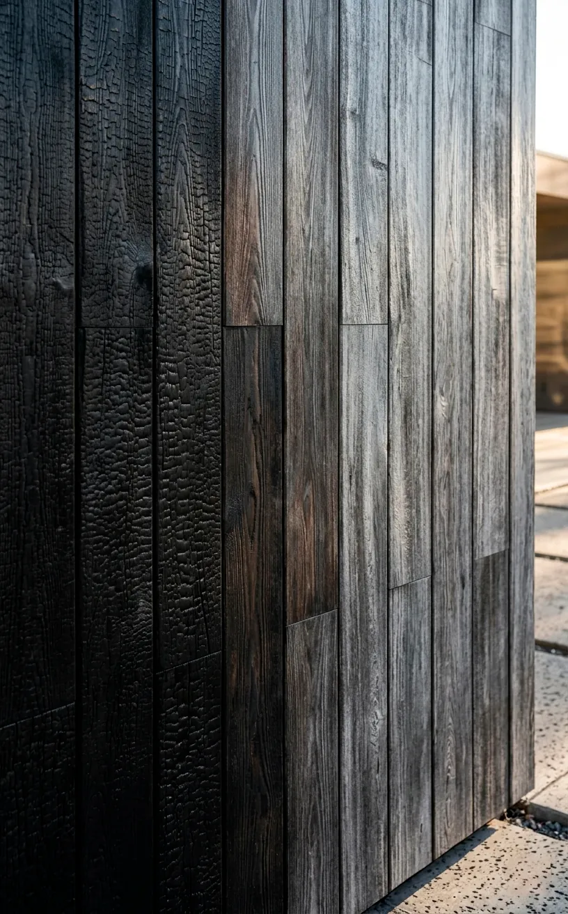 Comparison of different charred wood finishes from black to gray.
