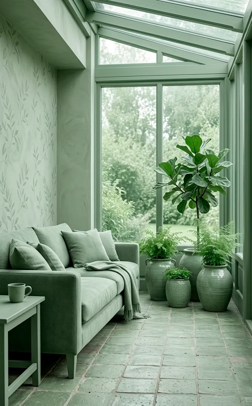 Spa-like sage green sunroom with monochromatic green furniture and walls.