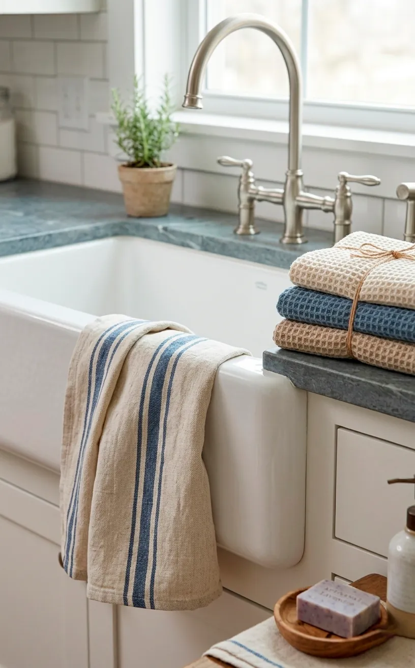 Striped linen towel draped over the front of a white farmhouse sink.