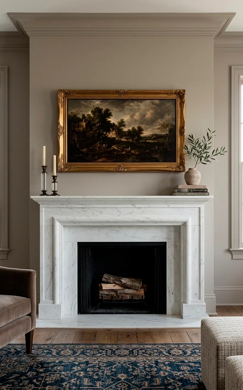Samsung Frame TV displaying art in a gold frame above a marble fireplace.