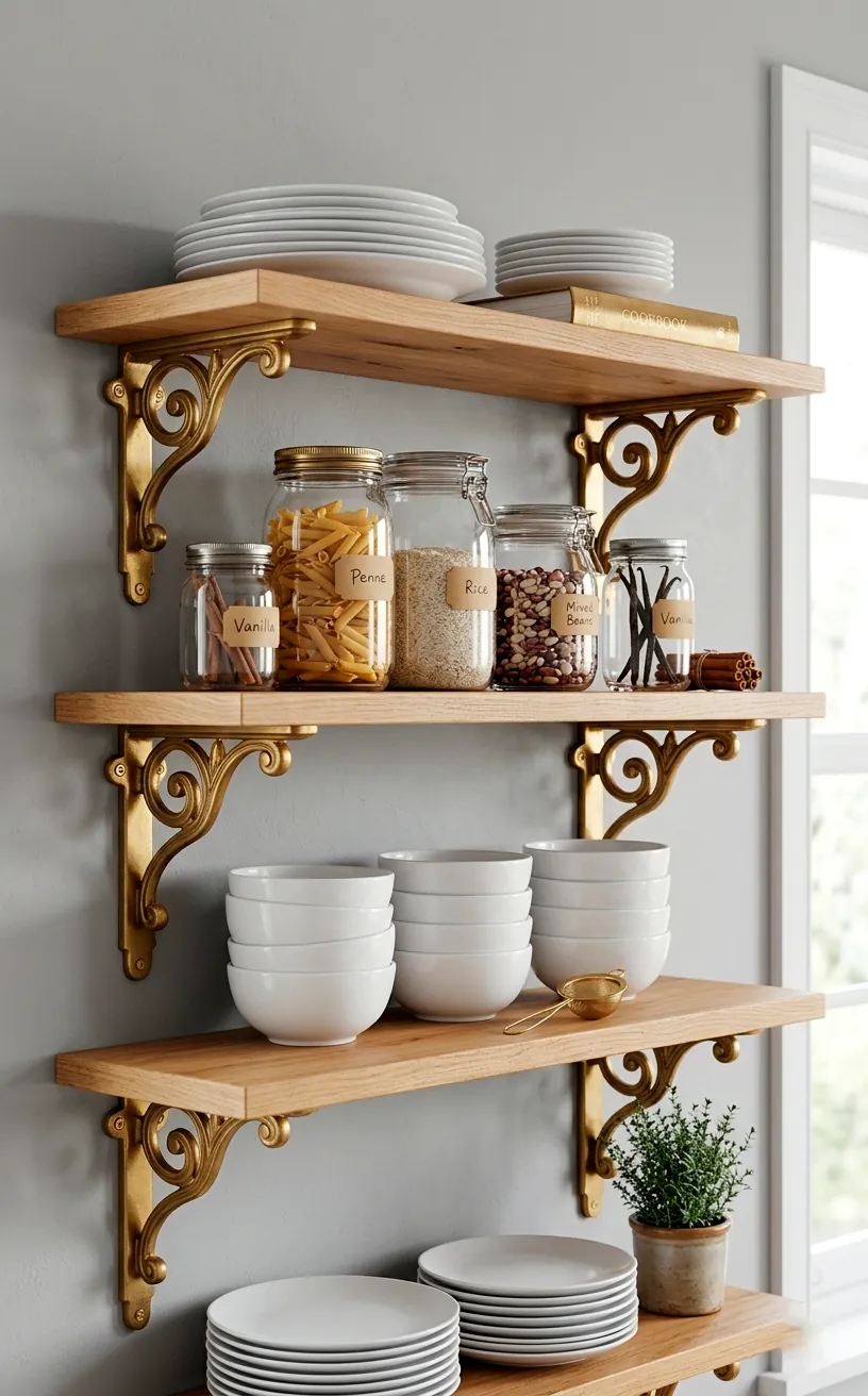 Oak open shelves with decorative golden brass brackets holding ceramic dishes on a grey wall.