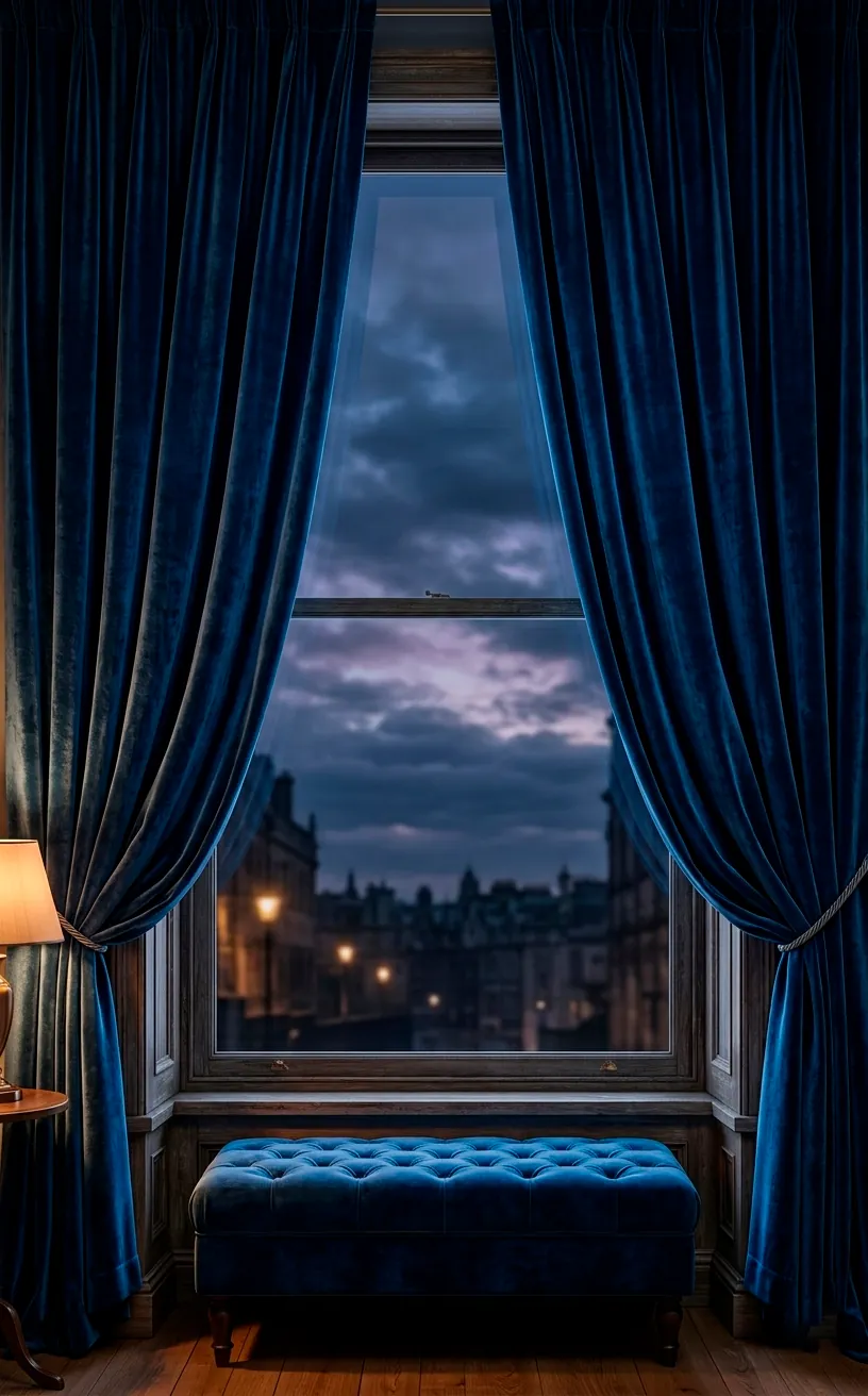 Heavy sapphire blue velvet curtains framing a window in a dark bedroom.
