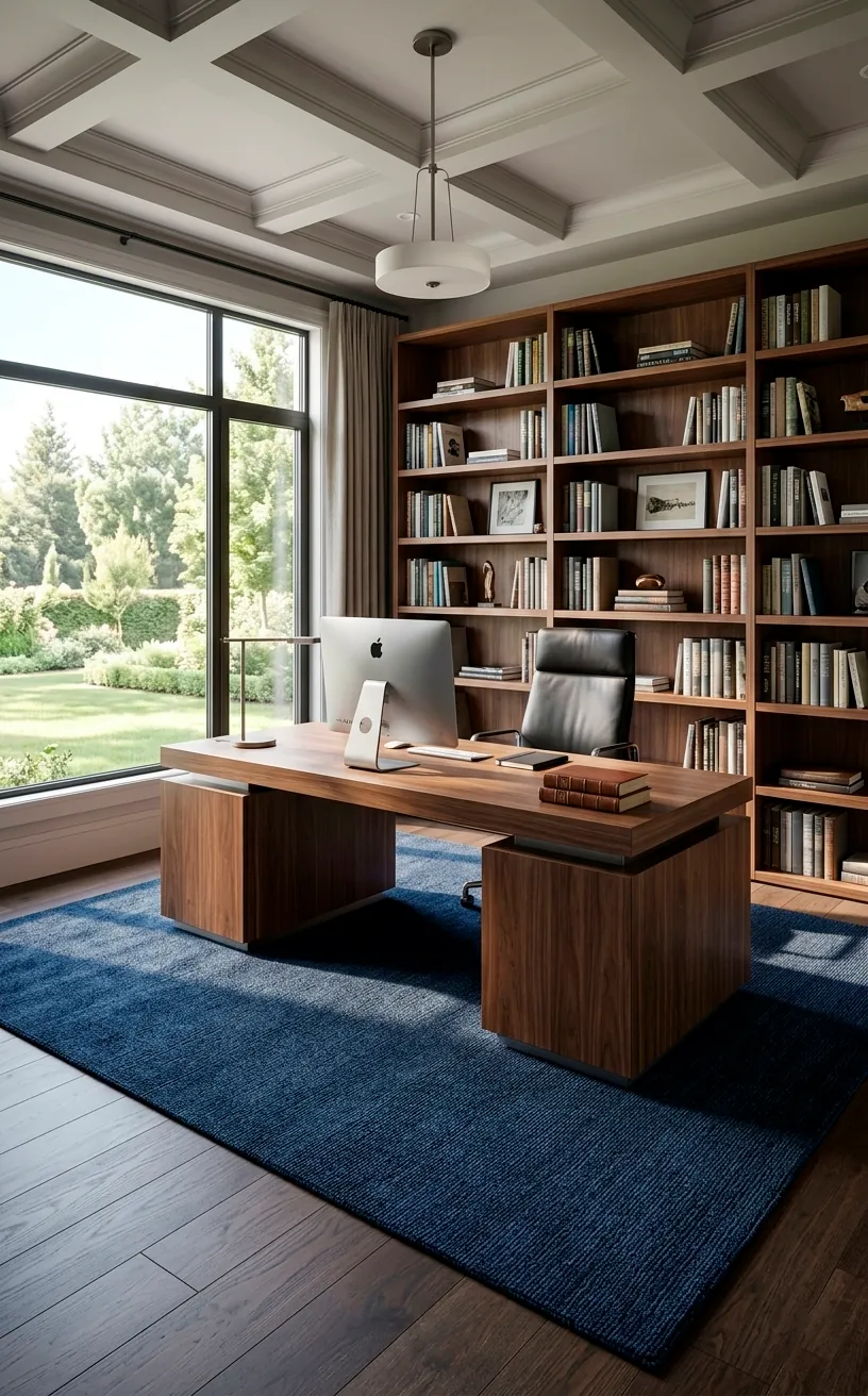 Large navy blue rug anchoring an executive desk and bookshelves in an office.
