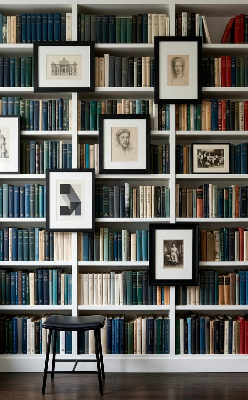 Library shelving featuring a mix of books and black and white framed photography.
