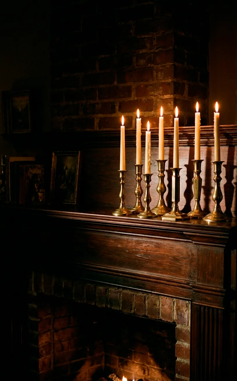Collection of vintage brass candlesticks with lit beeswax candles on a dark mantel.