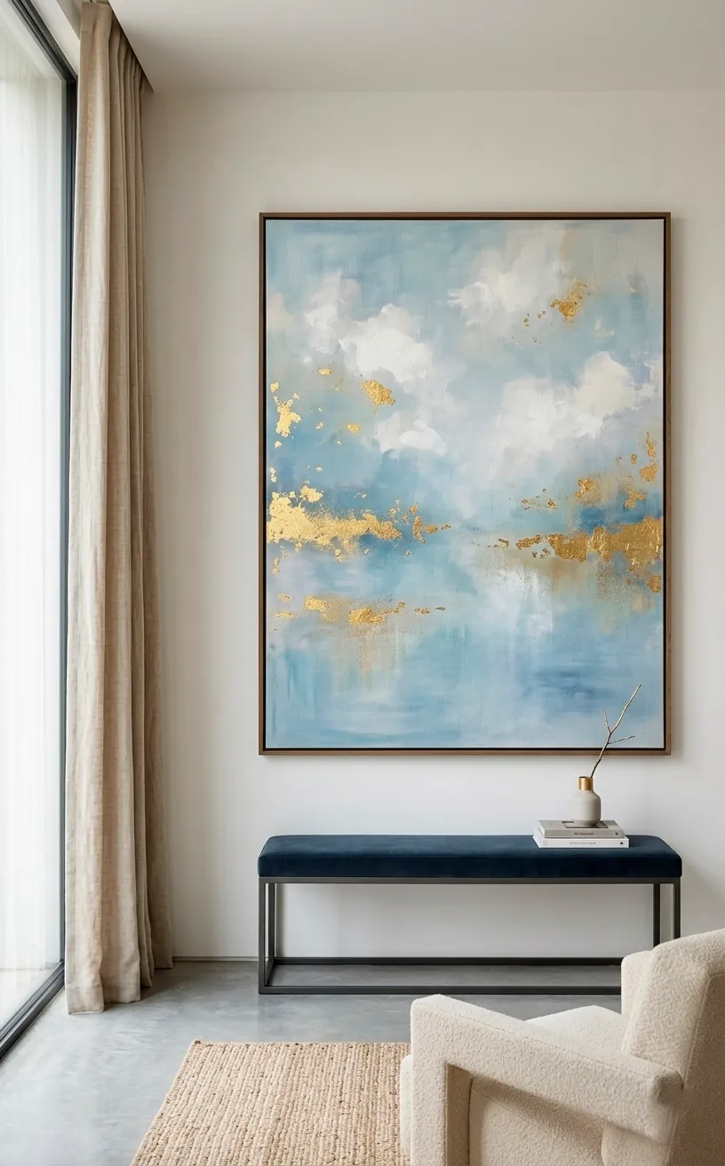Large abstract pastel blue wall art in a minimalist modern living room.