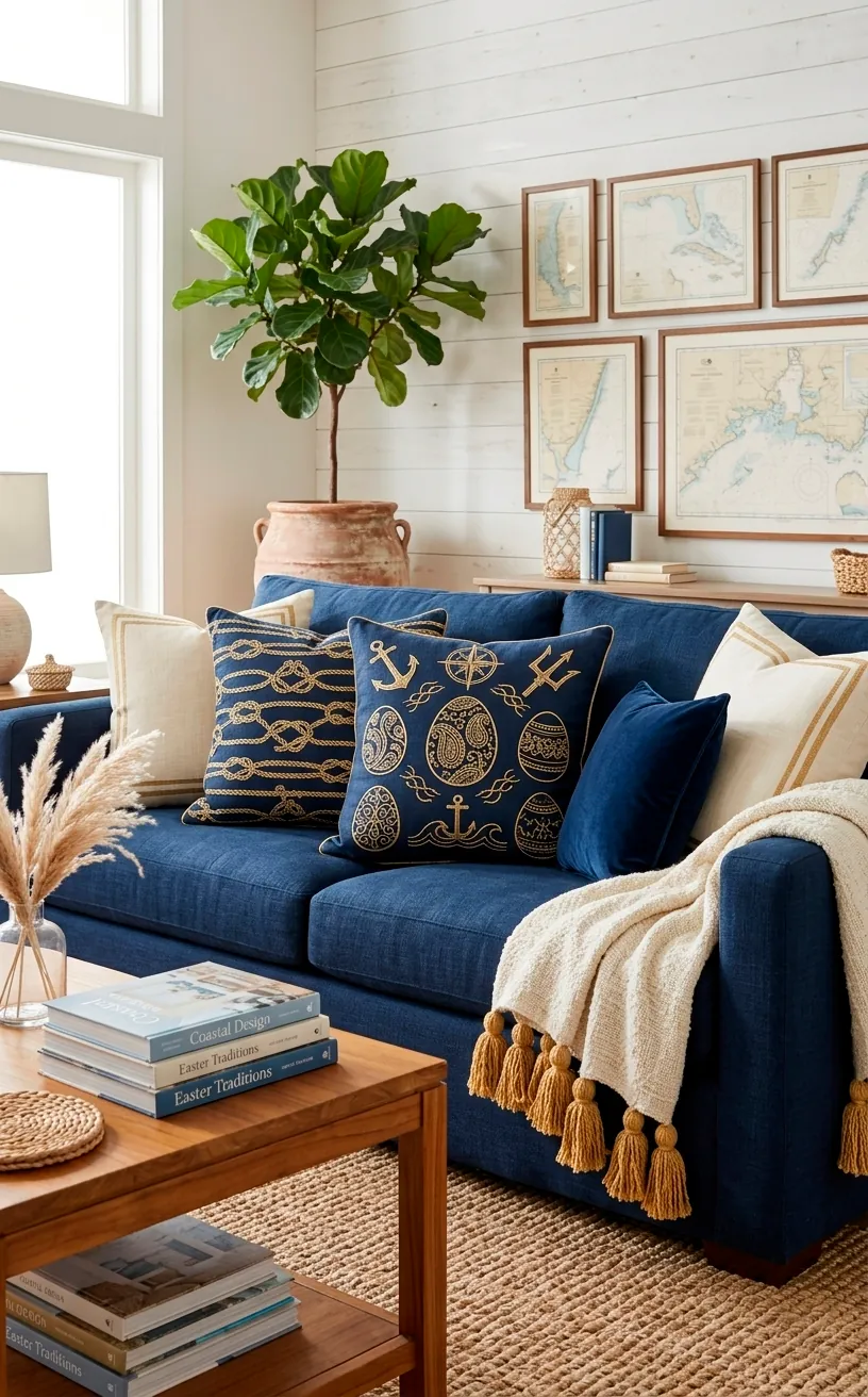 Navy and gold embroidered coastal throw pillows on a sofa.