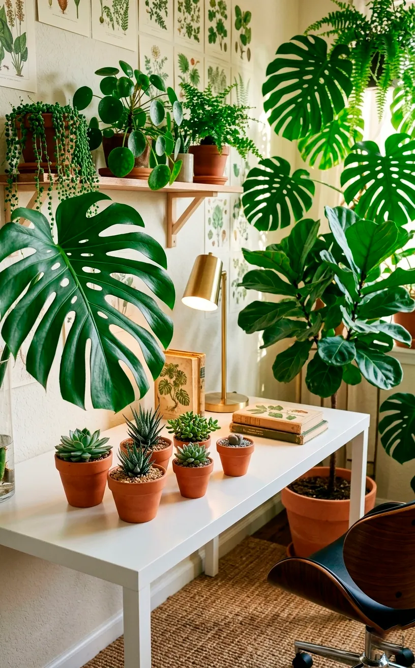 Home office with abundant indoor plants, featuring a Monstera and terracotta pots on a white desk.