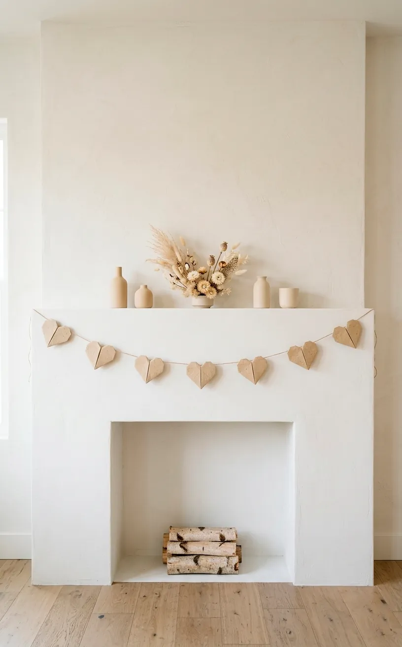 Minimalist fireplace mantel with a delicate origami heart garland in neutral colors.