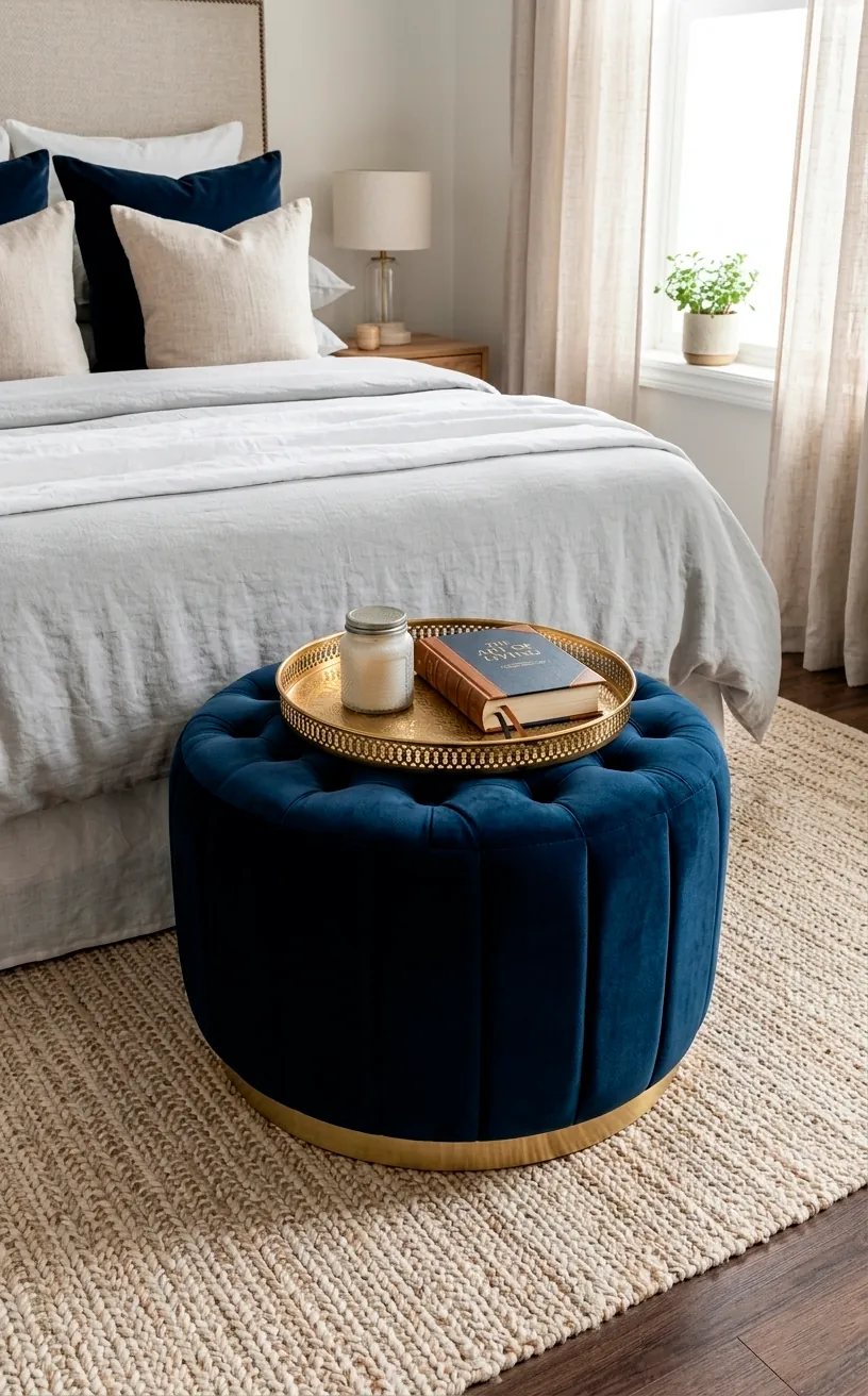 Navy blue velvet round ottoman with a decorative gold tray at the foot of a bed.