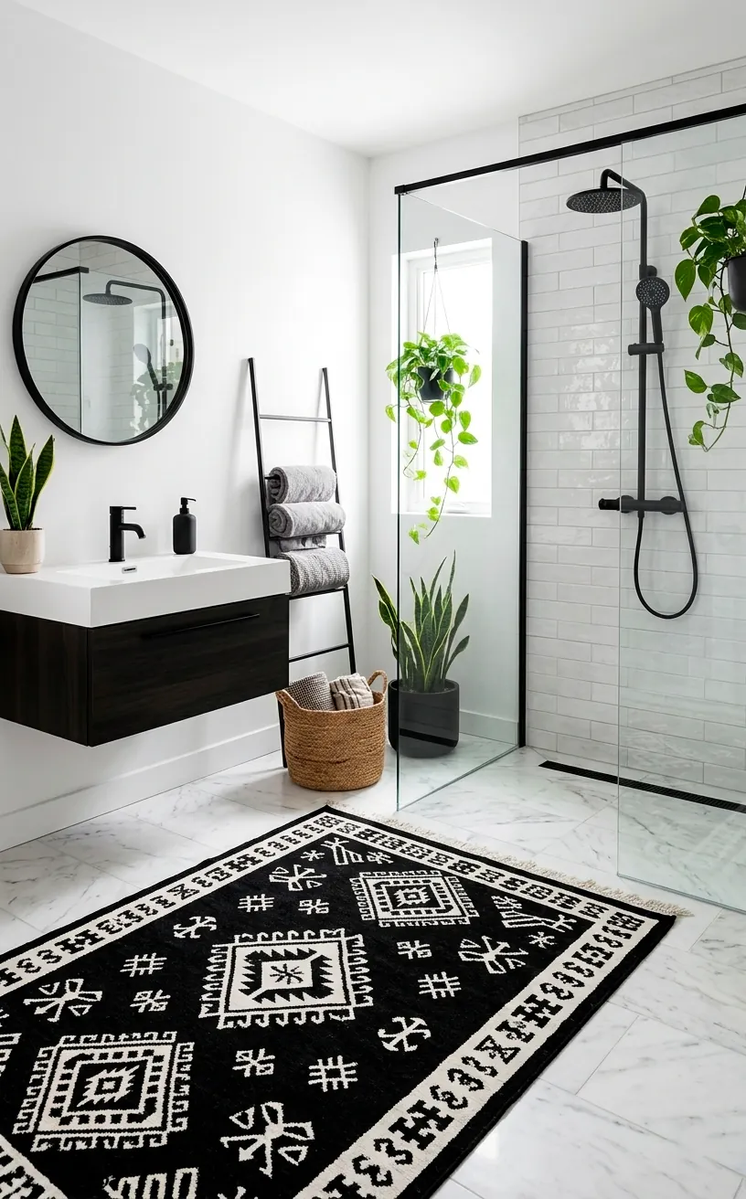 Black and white tribal kilim rug in a modern bathroom with matte black fixtures and marble floor.