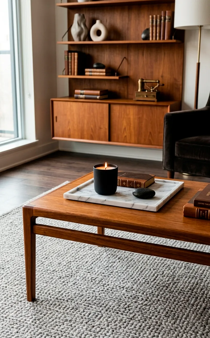 White marble tray on a teak coffee table in a modern living room.