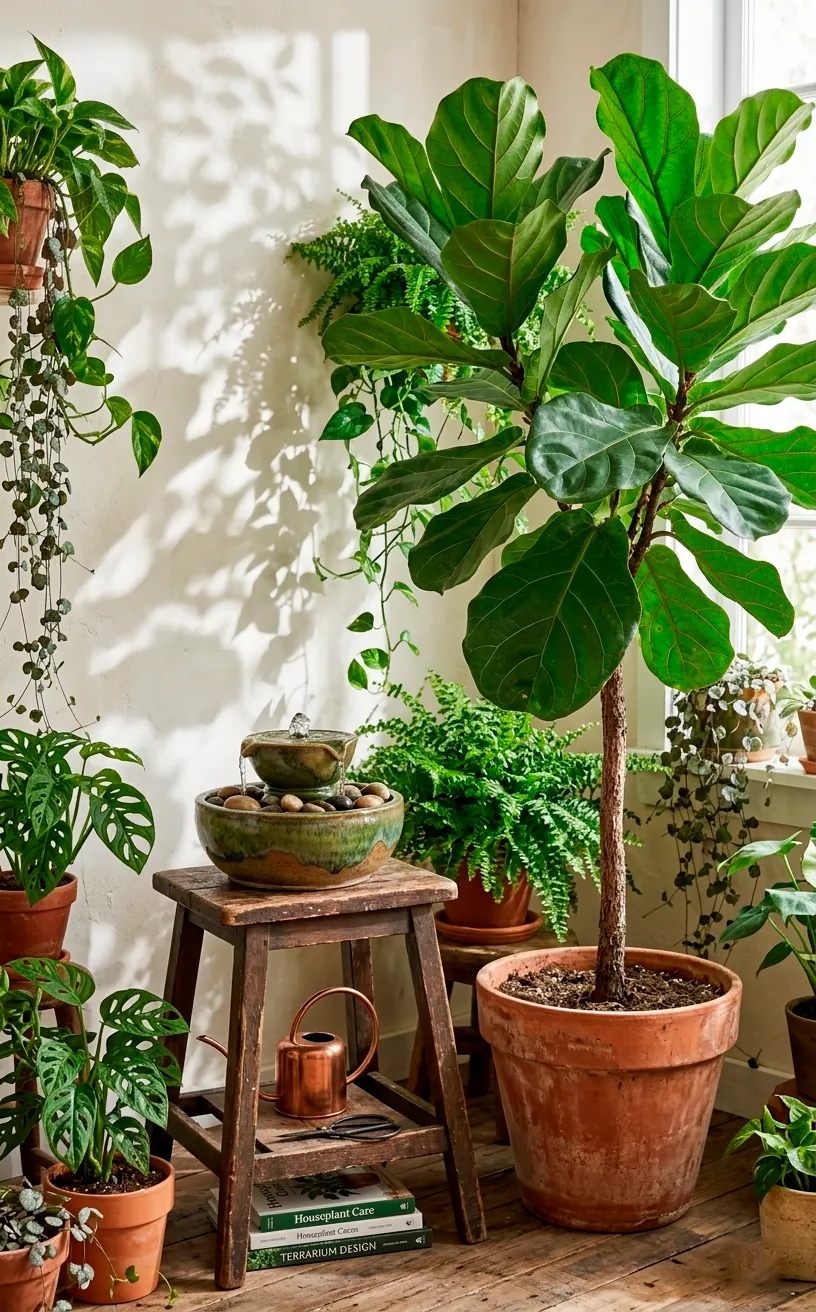 A lush plant corner in a studio apartment featuring wood and water elements.