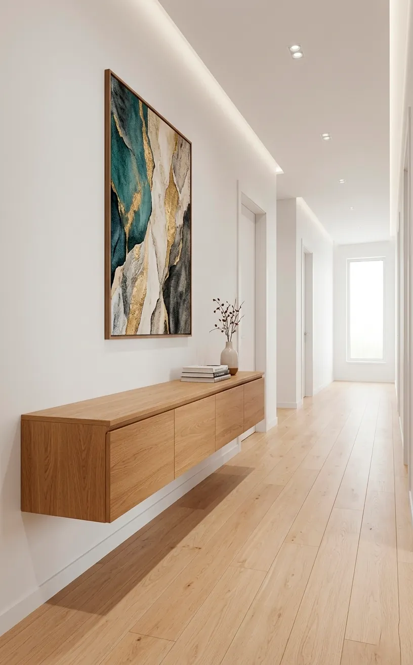 Floating oak credenza mounted on a white wall in a minimalist home.