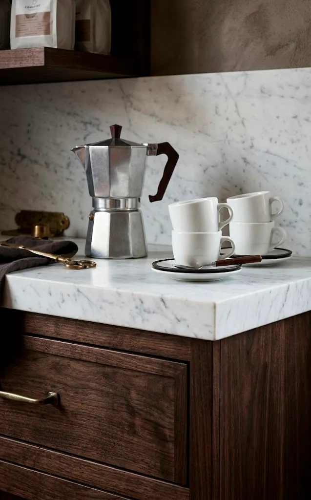 Dark walnut coffee bar with a luxurious white marble countertop.