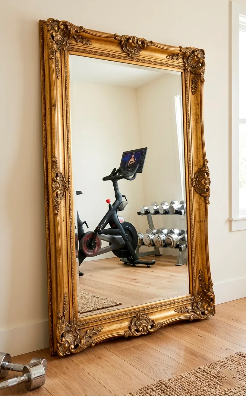 Large vintage gold mirror reflecting modern exercise equipment in a bright gym.