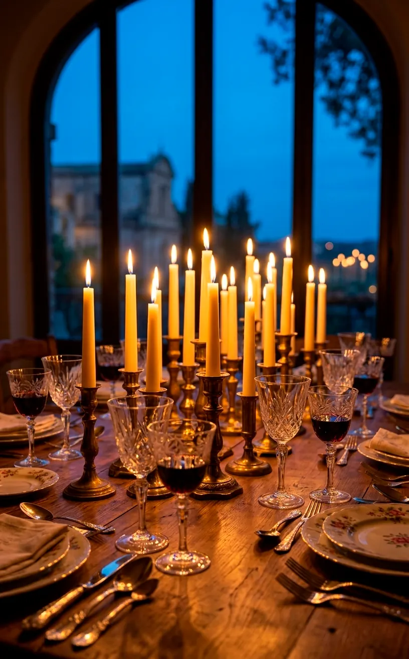 Holiday table lit by many taper candles in brass holders at dusk with a warm glow.