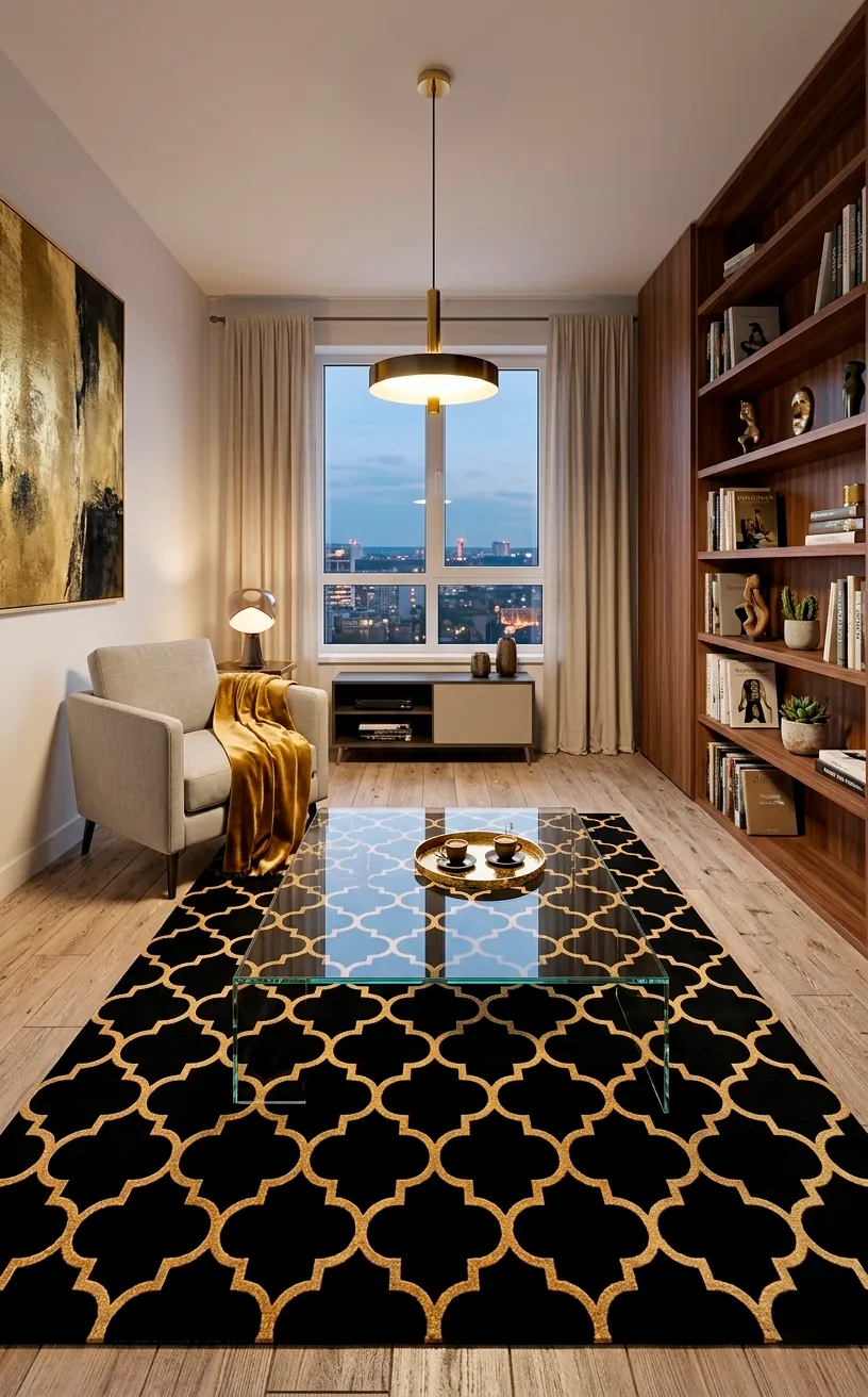 Black area rug with a gold geometric pattern under a glass coffee table in a small room.
