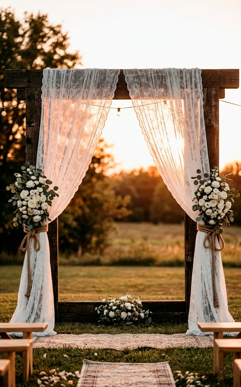 A wooden wedding arch draped in flowing white lace curtains in a green backyard.