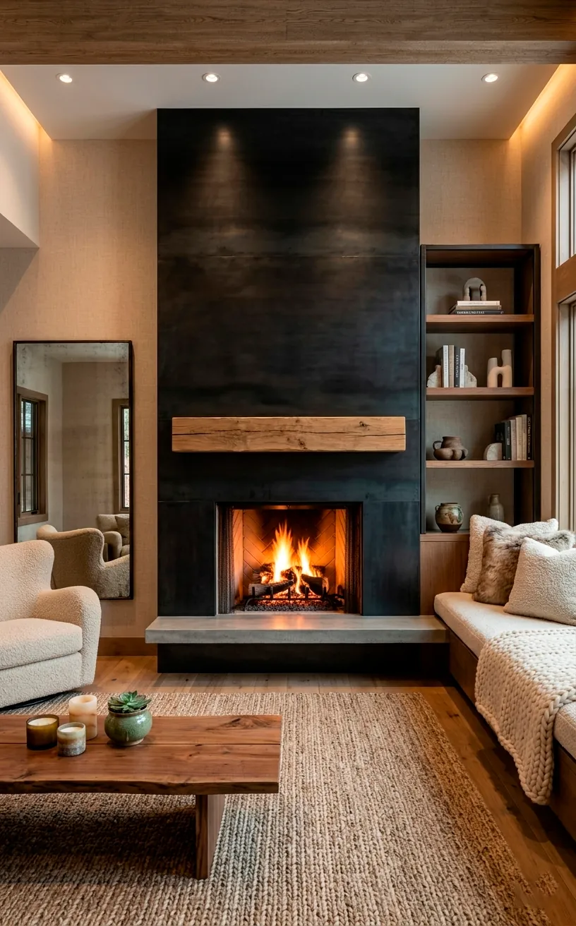 Modern farmhouse fireplace with a floor-to-ceiling black steel surround.
