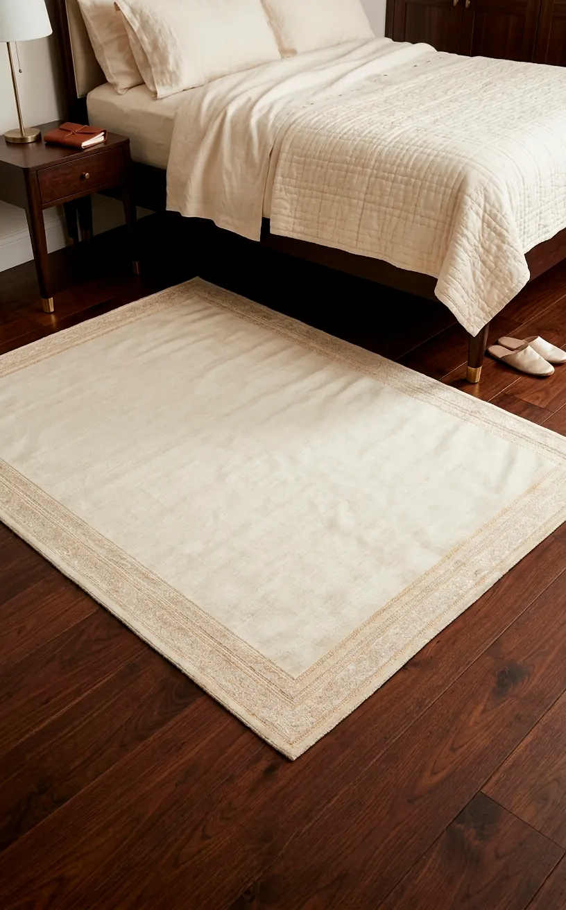 Cream silk rug perfectly centered under a luxury bed on hardwood floors.