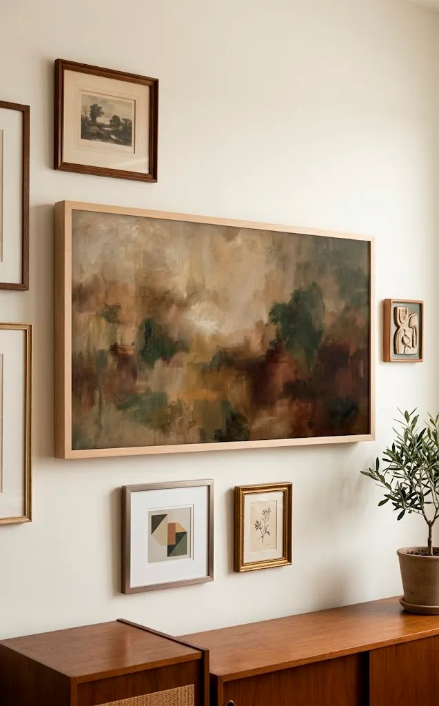 Samsung Frame TV displaying art on a gallery wall with wood frames.