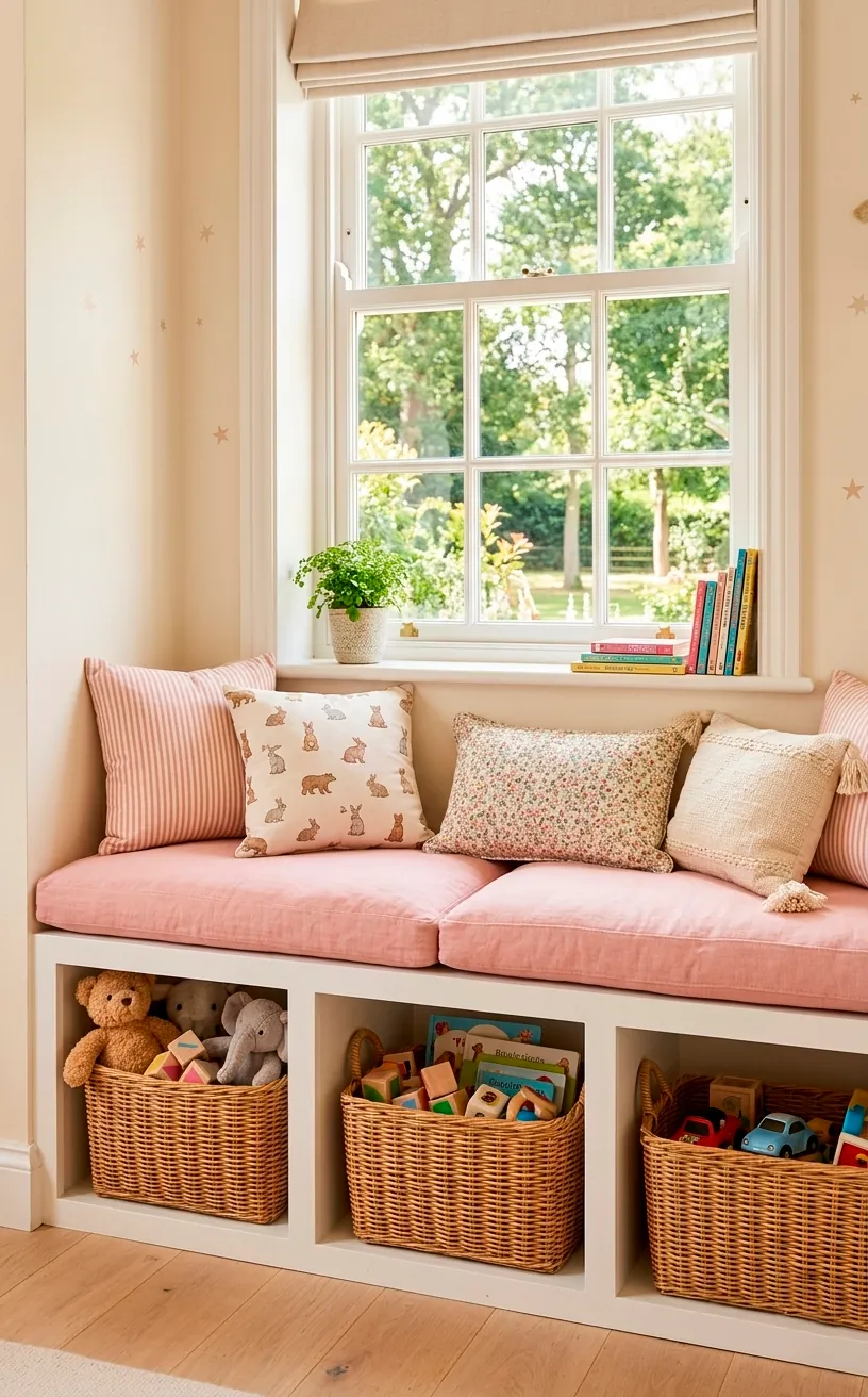 White storage bench window seat with pink cushions and toy baskets.