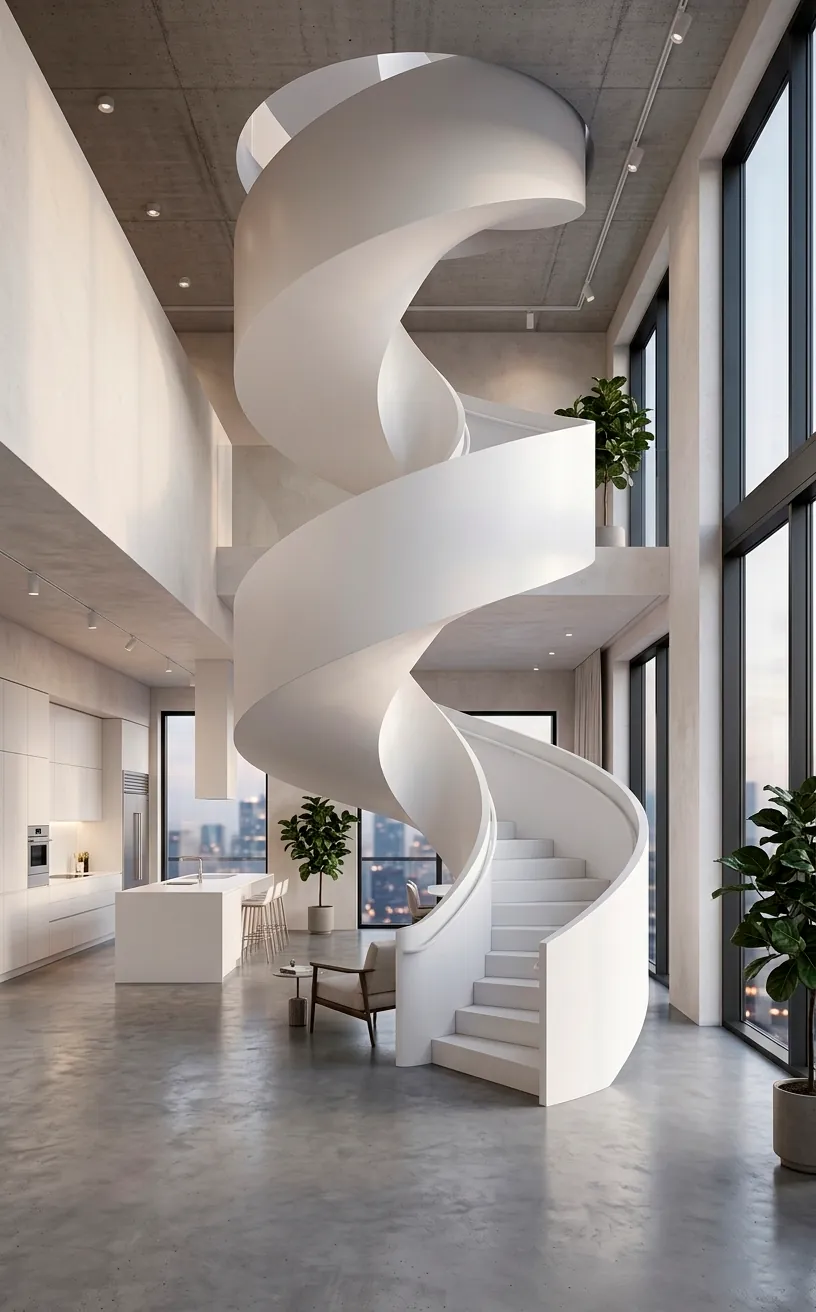Modern white helical spiral staircase in the center of a minimalist urban loft apartment.