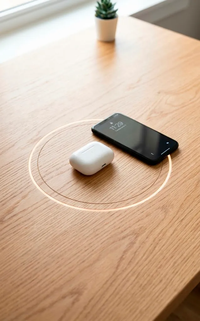 Minimalist wooden desk with integrated invisible wireless charging for tech devices.